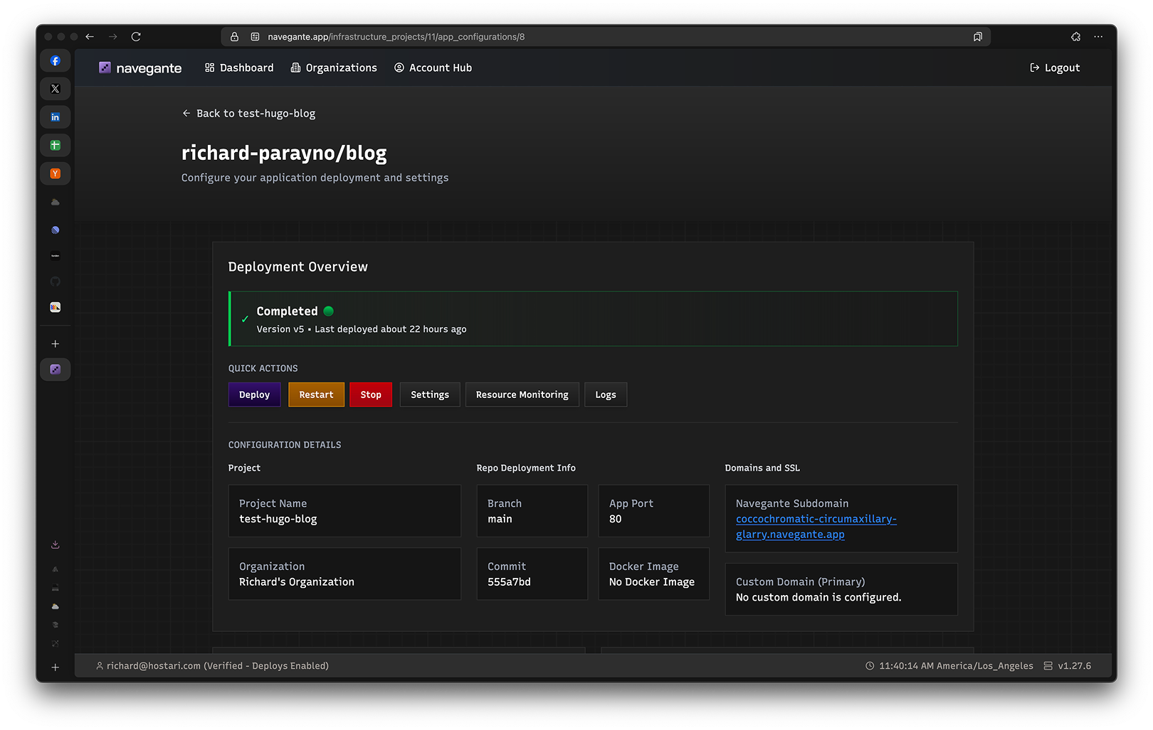 Navegante deployment configuration view showing deployment overview, actions, and configuration details.